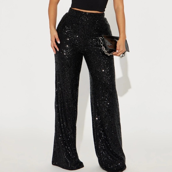 Pants - •After Glow• Sequin Black Elastic Waist Flare Pant